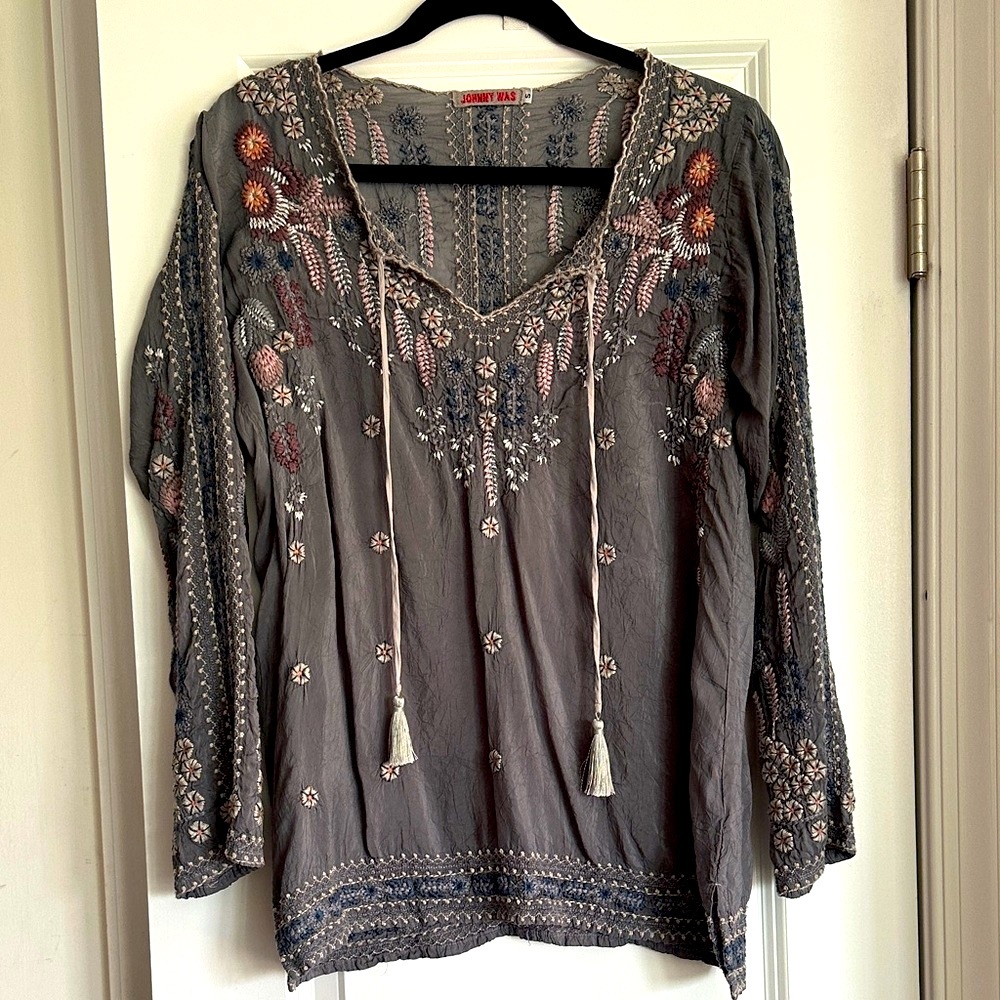 Johnny Was Charcoal Embroidered Blouse